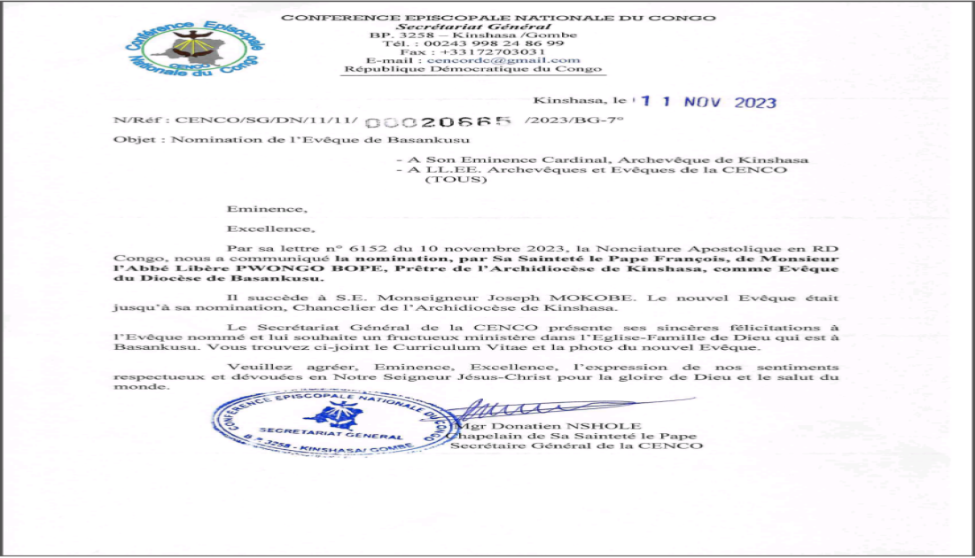 RDC: le Vatican nomme de nouveaux évêques du diocèce de Kamina et Basankusu