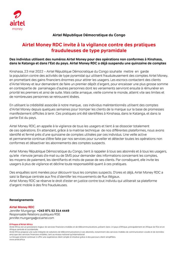 RDC des comptes Airtel Money des escrocs dont ceux de OTTO Market